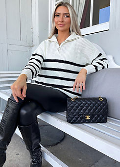 AX Paris Cream & Black Zip Front Stripe Knitted Jumper