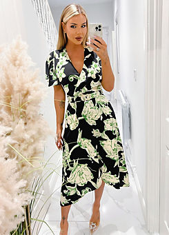 AX Paris Multi Green & Black Floral Printed Short Sleeve Belted Wrap Midi Dress