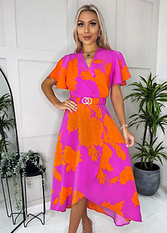 AX Paris Pink & Orange Floral Print Belted Wrap Midi Dress