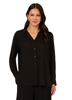 Adrianna Papell Solid Texture Airflow Woven Long Sleeve V-Collar Shirt
