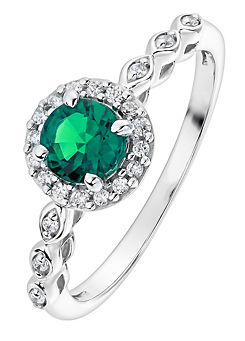Arrosa 9ct White Gold 5mm Created Emerald & 0.10ct Diamond Ring