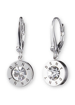 DKNY Logo Crystal Drop Earrings in Silver Tone