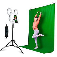 Disney Mickey Mouse Studio Kit with LED Selfie Ring Light with Tripod & Green Screen Backdrop