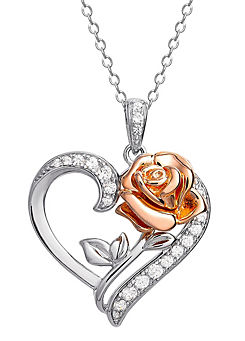 Disney Princess Silver & Rose Gold Sterling Silver CZ Rose Heart Pendant Necklace