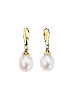 Elements Gold 9ct Gold Freshwater Pearl & Diamond Drop Earrings