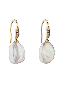 Elements Gold 9ct Gold Keshi Pearl Earrings with Diamond Set Hook