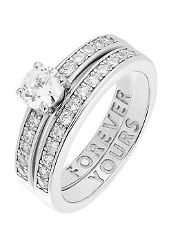 Emily & Ophelia Sterling Silver Cubic Zirconia 2-piece Solitaire & Eternity ’Forever Yours’ Message Ring