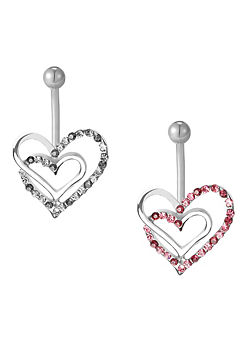 For You Collection Set of 2 Double Heart Pavé Cubic Zirconia Belly Button Bars
