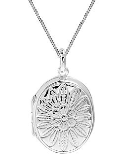For You Collection Sterling Silver Oval Flower Engraved Locket Pendant Adjustable Necklace