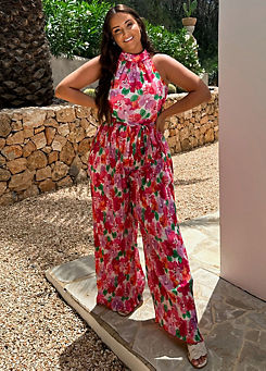 In The Style x Jac Jossa Coral Floral Print Plisse Sleeveless Wide Leg Jumpsuit