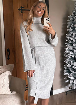 In The Style x Stacey Solomon White Recycled Sequin Marl Belted Roll Neck Midaxi Dress