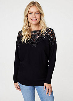Izabel London Black Lace Detail Relaxed Fit Knit Top