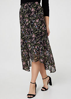 Izabel London Multi Black Floral Semi Sheer High Low Skirt