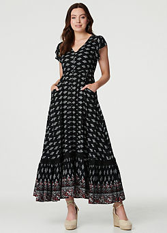 Izabel London Multi Black Printed V-Neck Lace Hem Maxi Dress