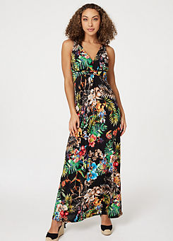 Izabel London Multi Black Tropical Print Empire Maxi Dress