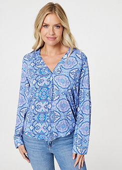 Izabel London Multi Blue Printed Long Sleeve Blouse Top