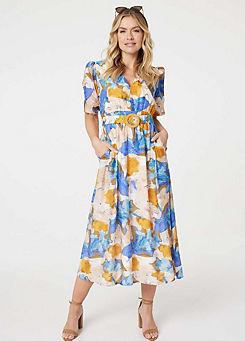 Izabel London Multi Blue Printed Short Sleeve Belted Midi Dress