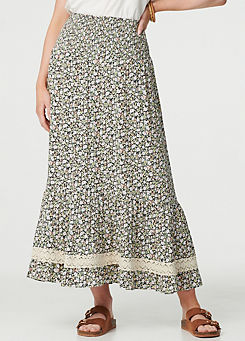 Izabel London Multi Green Ditsy Floral Lace Trim Maxi Skirt