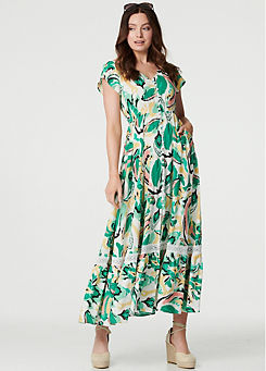 Izabel London Multi Green Printed Lace Trim Maxi Dress