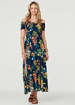 Izabel London Multi Navy Floral Bardot Side Split Maxi Dress