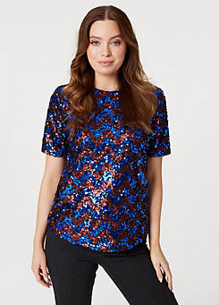 Izabel London Navy Multi Sequin Short Sleeve Fitted Top