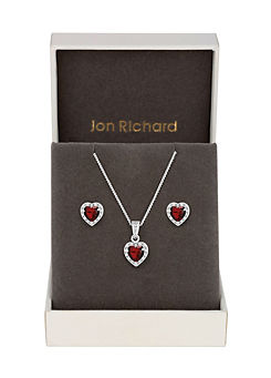 Jon Richard Rhodium Plated Red Cubic Zirconia Heart Set - Gift Box