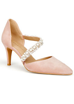 Kaleidoscope Blush Suede Asymmetric Pearl Trim Strap Court Shoes