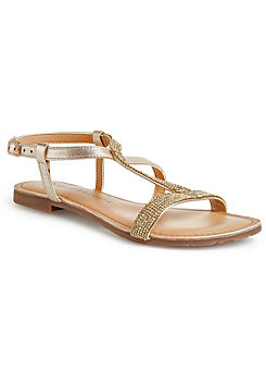 Kaleidoscope Wide Fitting Gold Diamante Leather Sandals