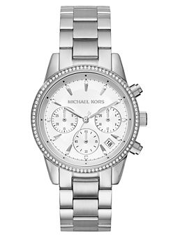 Michael Kors Ladies Ritz Chronograph Watch with Silver Tone Dial & Stainless Steel Bracelet