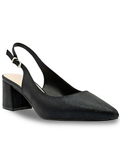 Paradox London Black Shimmer Wide Fit Mid Block Heel Sling Back Court Shoes