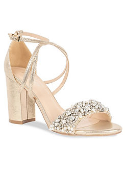 Paradox London Champagne Shimmer ’Hira’ Embroidered High Block Heel Sandals