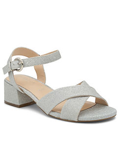 Paradox London Silver Wide Fit Glitter ’Neala’ Low Block Heel Ankle Strap Sandals
