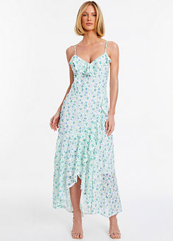 Quiz Blue Ditsy Floral Chiffon Strappy Maxi Dress with Ruffle Details