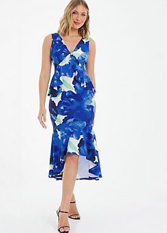 Quiz Blue Floral Scuba Sleeveless Midi Dress with Dip Hem