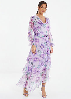 Quiz Lilac Chiffon Floral Cowl Neck Long Sleeve Maxi Dress