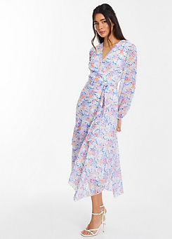 Quiz Multi Ditsy Floral Textured Chiffon Wrap Midi Dress with Long Sleeves and Tie Waist Detail