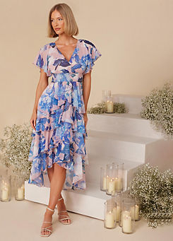 Quiz Pink & Blue Floral Chiffon Midi Dress