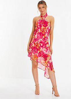 Quiz Pink & Orange Chiffon Smudge Print Asymmetric Mini Dress