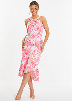 Quiz Pink Floral Print Scuba Twist Halterneck Midi Wrap Dress