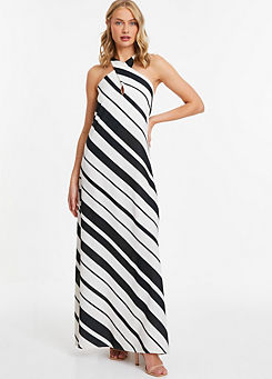 Quiz Striped Black and Cream Maxi Dress with Keyhole Neck