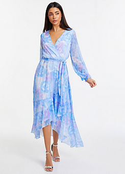 Quiz Watercolour Marble Print Chiffon Lurex Tiered Midi Dress with Long Sleeves
