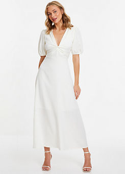 Quiz White Textured Knot Bust Midi Dress with Slit