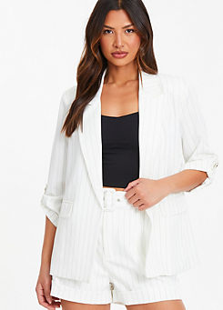 Quiz White and Black Pinstripe Ruched Sleeve Tailored Blazer