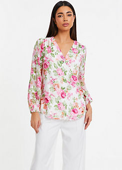 Quiz White and Pink Floral Chiffon Wrap Long Sleeve Blouse