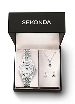 Sekonda Exclusive Ladies Silver Stainless Steel Bracelet Analogue 26mm Watch, Earrings & Pendant Gift Set