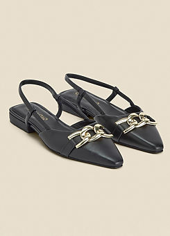Sosandar Black Leather Pointed Toe Flat Slingback Shoes with Gold Trim