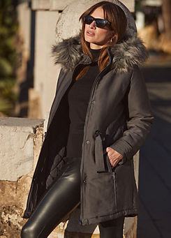 Sosandar Grey Luxe Faux Fur Hooded Parka Coat
