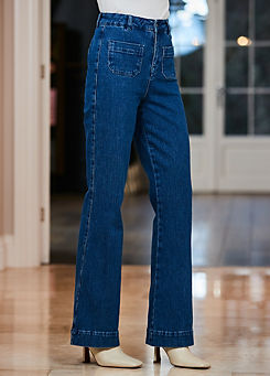 Sosandar Mid Blue Wide Leg Pocket Detail Jeans