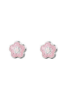 Sterling Silver Pink Enamel Glitter Flower Stud Earrings