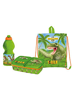 Stor Dinosaur Triple Pack - Multi Compartment Sandwich Box, 400ml Sports Bottle & Drawstring Lunch Bag